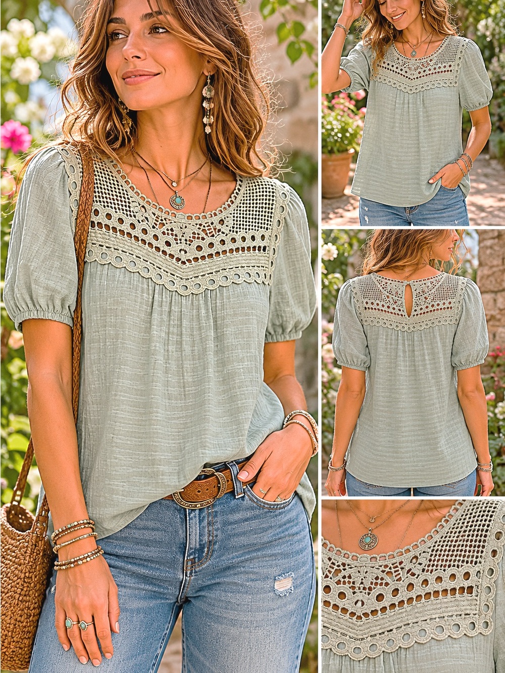 mine Sage Green Crochet Yoke Puff Sleeve Top Size Small